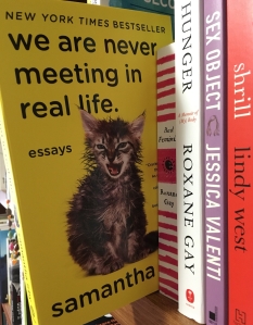 Image displays books on a wooden bookshelf, spines facing out, with We Are Never Meeting in Real Life pulled out and hanging slightly over the edge. The cover is bright yellow with bold black text. Also featured is a recently-been-towel-dried kitten. It is hissing.